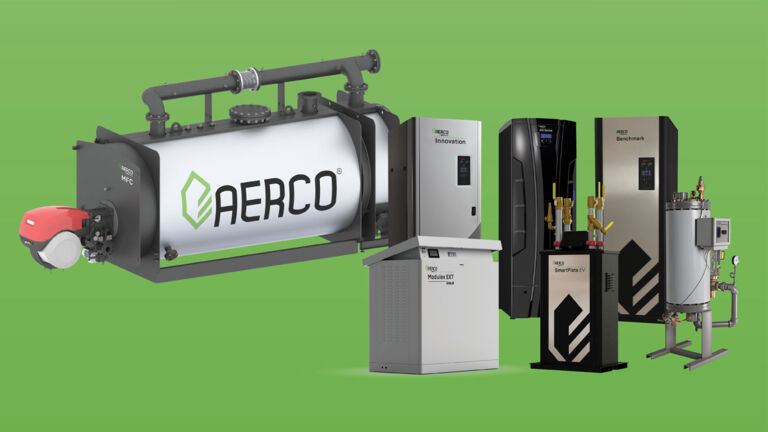 Photograph of AERCO water heaters used at commercial and industrial plants