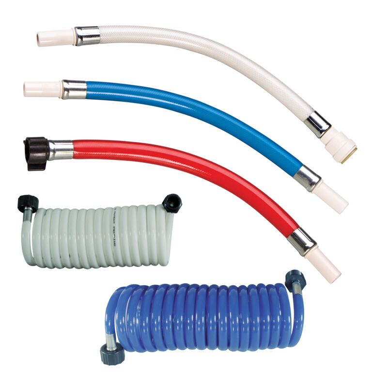 Three hoses all for marine uses, on hot water hose one cold water hose and one white hose